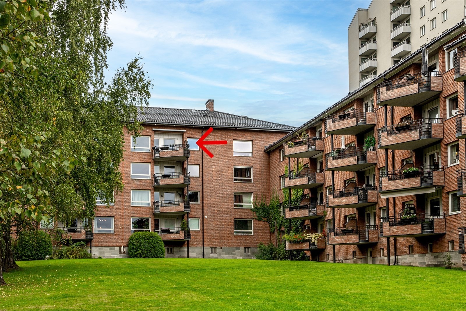 Sameiet har et pent opparbeidet gårdsrom med plen, beplantning og sittegrupper. Galleribilde