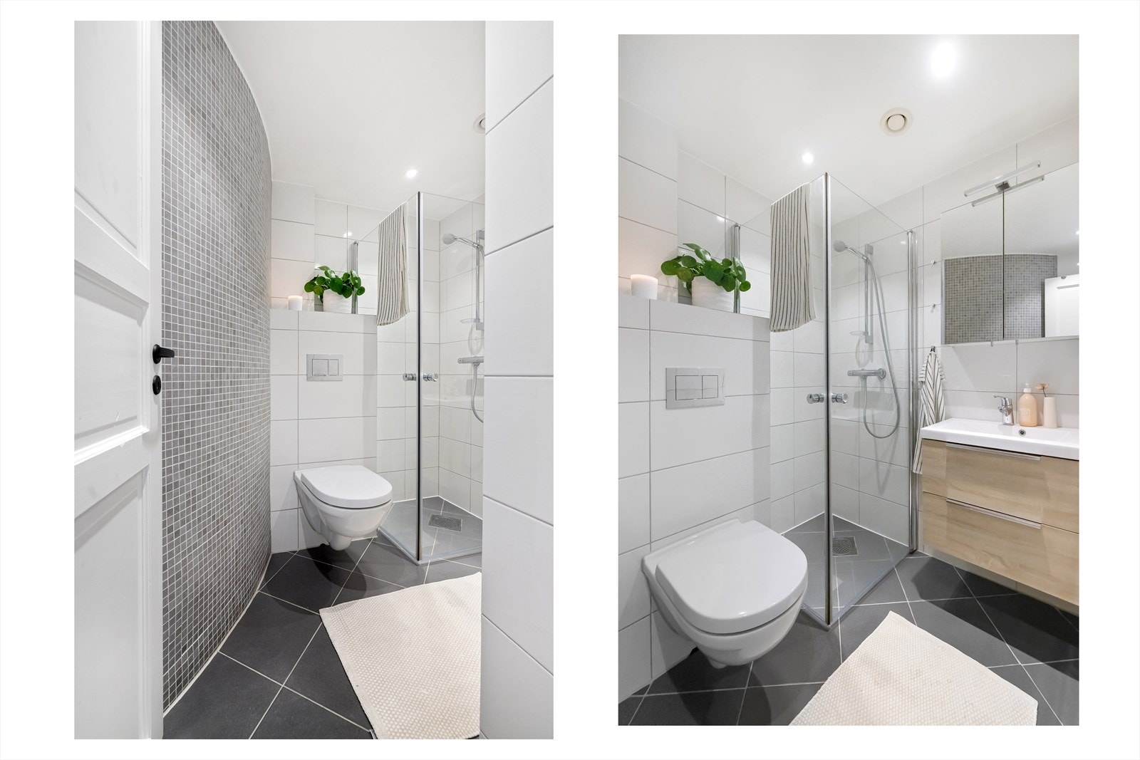 Badet inneholder dusjhjørne med innfellbare dører i glass, vegghengt toalett og baderomsinnredning med skuffer, servant med ett-greps blandebatteri og speil på vegg. Galleribilde