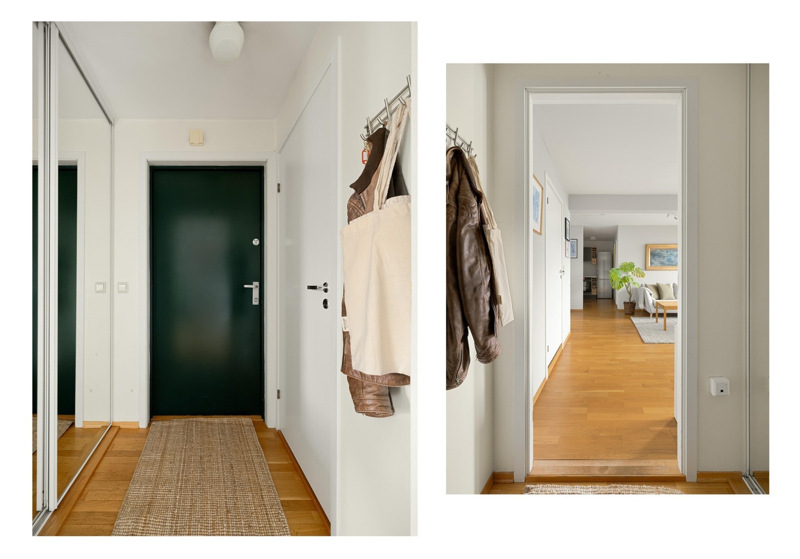 Gangen gir et godt førsteinntrykk. Det er plass til å henge fra seg jakker og plassere sko i skyvedørsgarderoben. Galleribilde