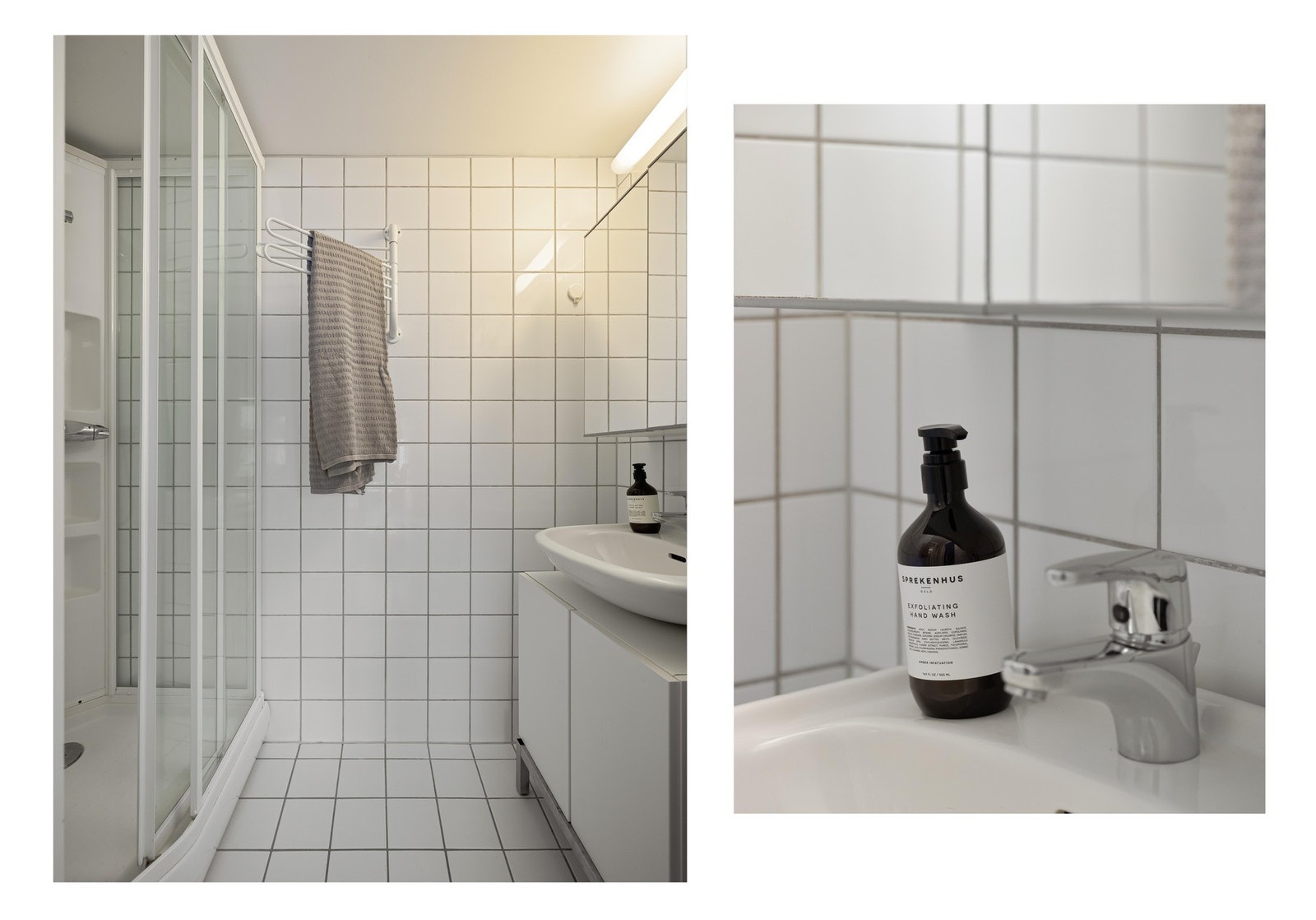 Leiligheten har et pent flislagt bad med dusjkabinett, servantskap og speilskap på vegg med belysning. Galleribilde