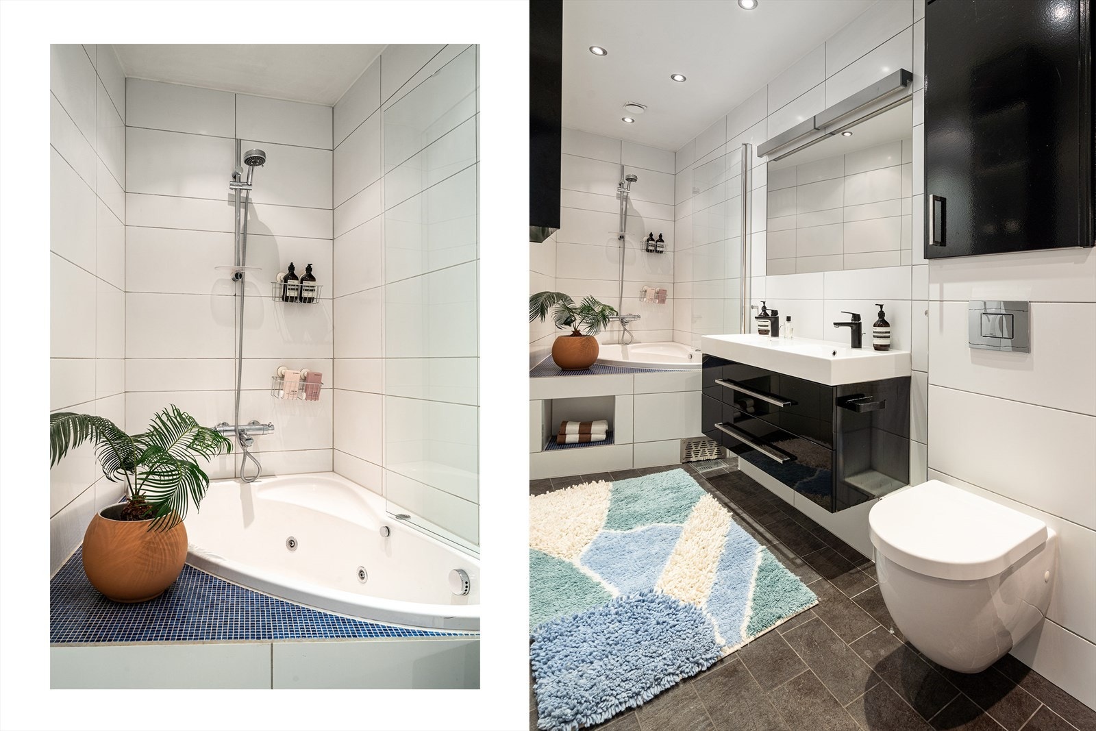 Pent flislagt bad, renovert i 2008 med behagelig gulvvarme og downlights i taket. Badet har en elegant dobbel servant med fronter i sort høyglans, stort speil med belysning. Galleribilde