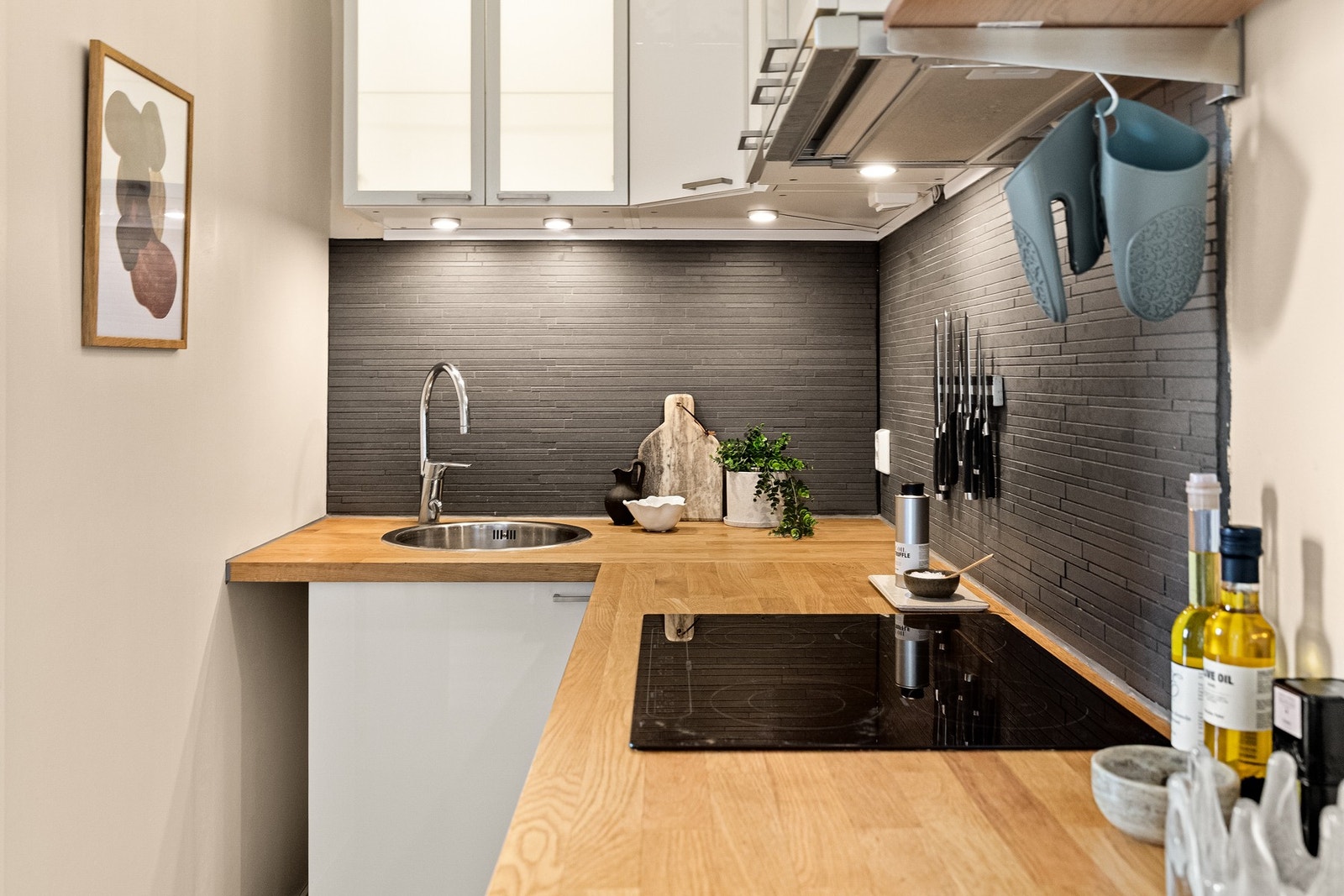 Nyere benkeplate, oppvaskmaskin, kjøleskap og fryser fra 2021. Galleribilde