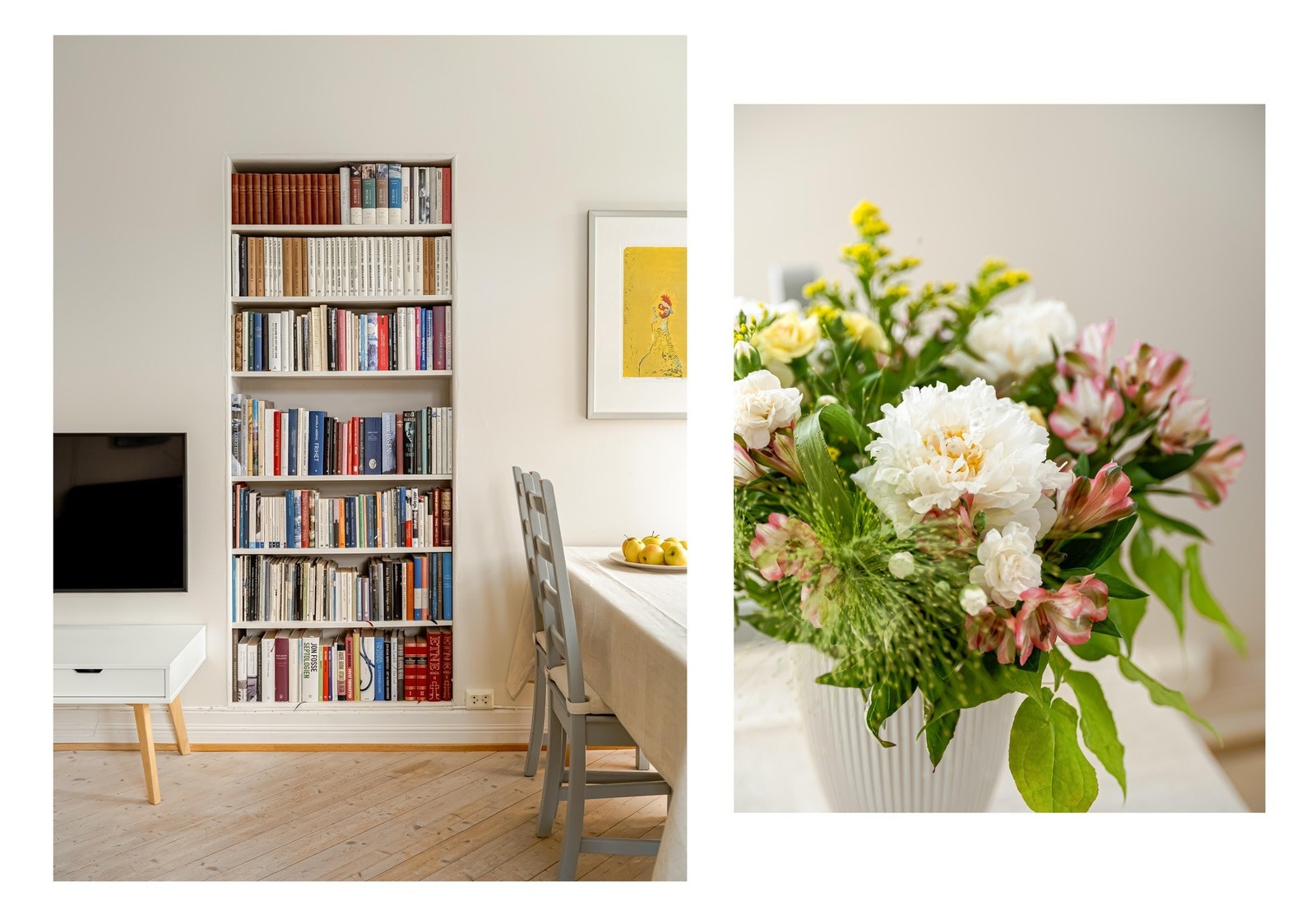 Der det tidligere var en dør til soverommet, er det blitt laget en praktisk innfelt bokhylle. Galleribilde