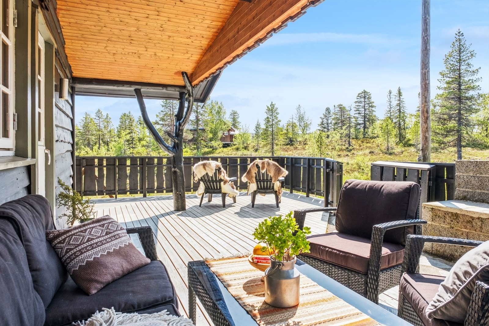 Romslig og takoverbygd terrasse med gode solforhold Galleribilde