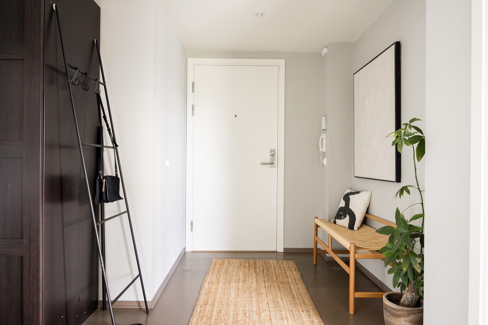 Stor gang med god plass til skoskap/ sittebenk/ kommode etc. Ytterdør av tré med brannkasse. Galleribilde