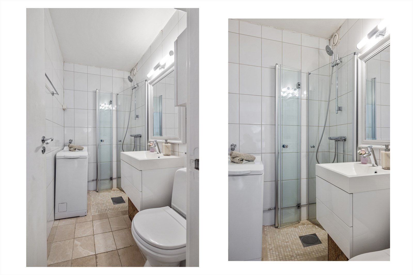 Tidløst, praktisk bad med flislagte overflater og elektrisk gulvvarme. Badet ble rehabilitert i regi av borettslaget i 2008. Galleribilde