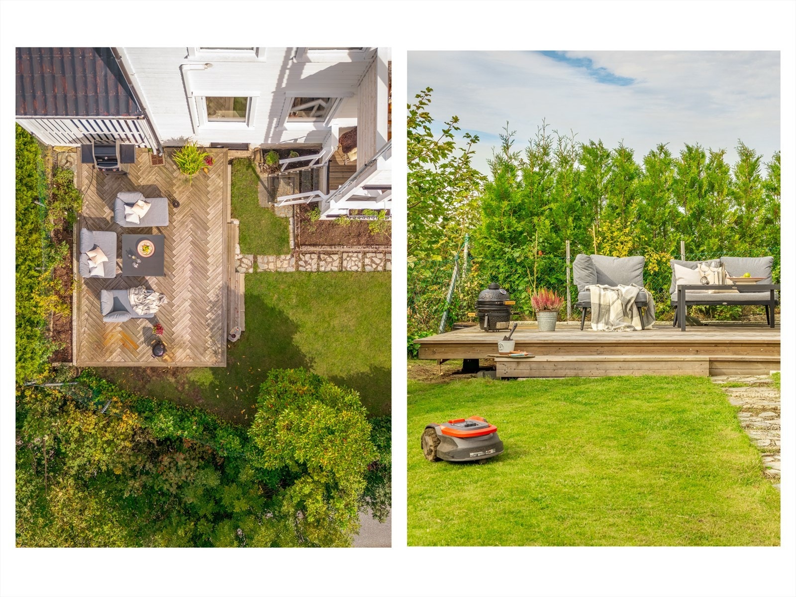 Terrassen måler ca. 17,5 m² og har god plass til utemøblement, grill og beplantning. Galleribilde