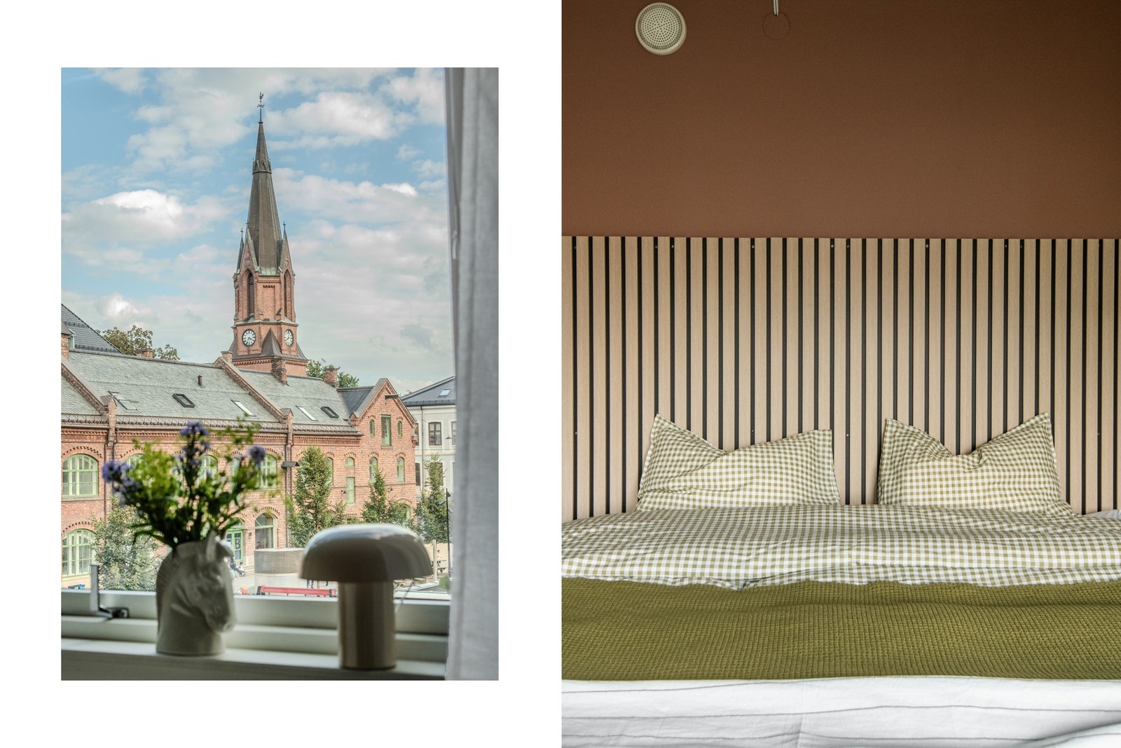 Veggene er malt i en varm, dempet terrakotta-/brunrosa nyanse, og et stort vindu gir fint lysinnslipp samt utsyn mot gårdsrommet til Hausmanns barnehage. Galleribilde