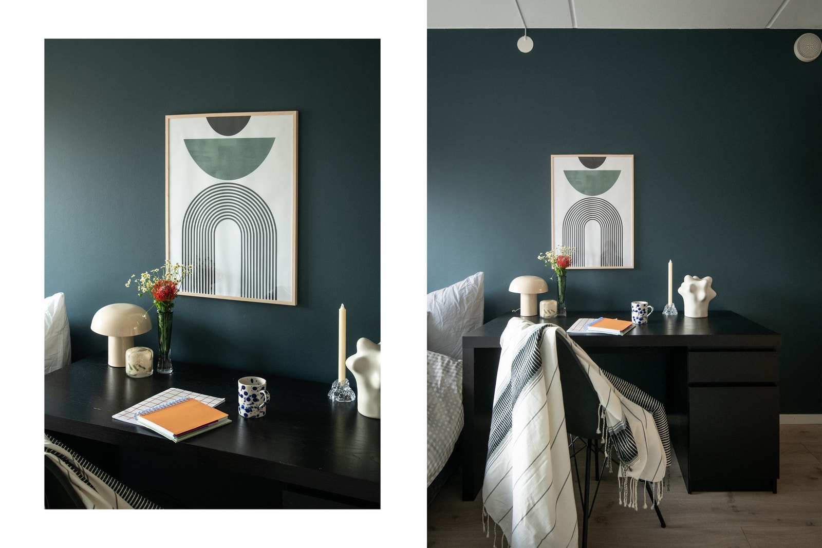 Soverom 2 er malt i en dyp, mørk blågrønn farge som skaper en lun atmosfære, mens de lyse laminatgulvene, som går gjennom hele leiligheten, gir en fin kontrast. Galleribilde