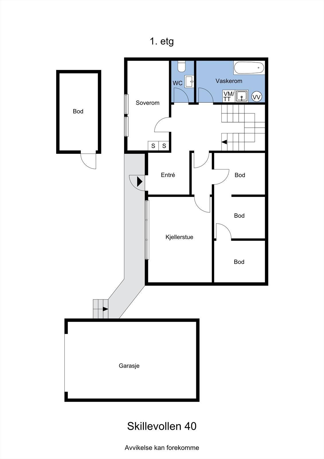 Planskisse av sokkeletasje. Rom benevnt som "kjellerstue" er godkjent som disponiblet rom (ikke søkt innredet til kjellerstue). Galleribilde