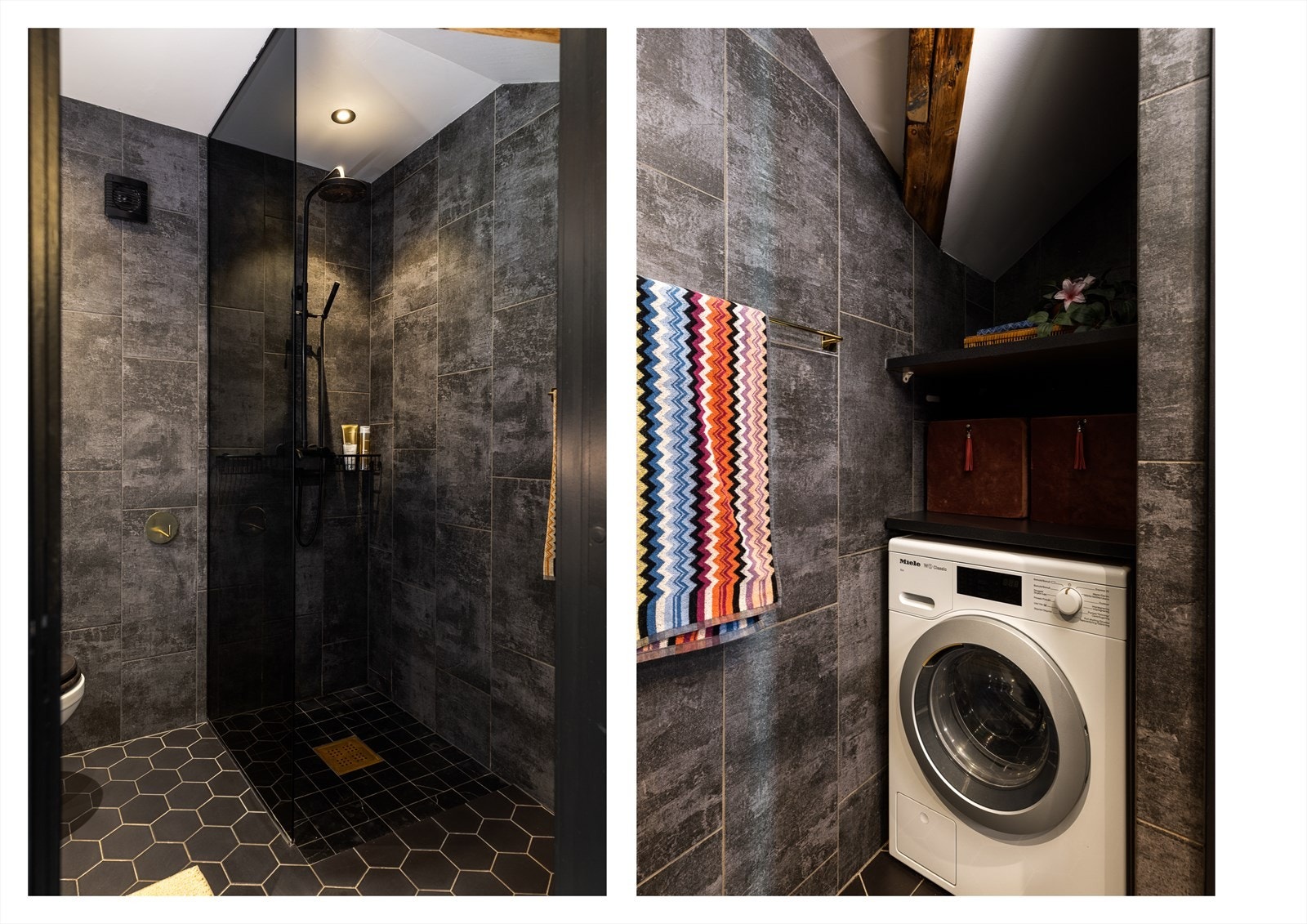 Badet har et lekkert dusjhjørne med glassvegg og en praktisk nisje med opplegg for vaskemaskin. Galleribilde