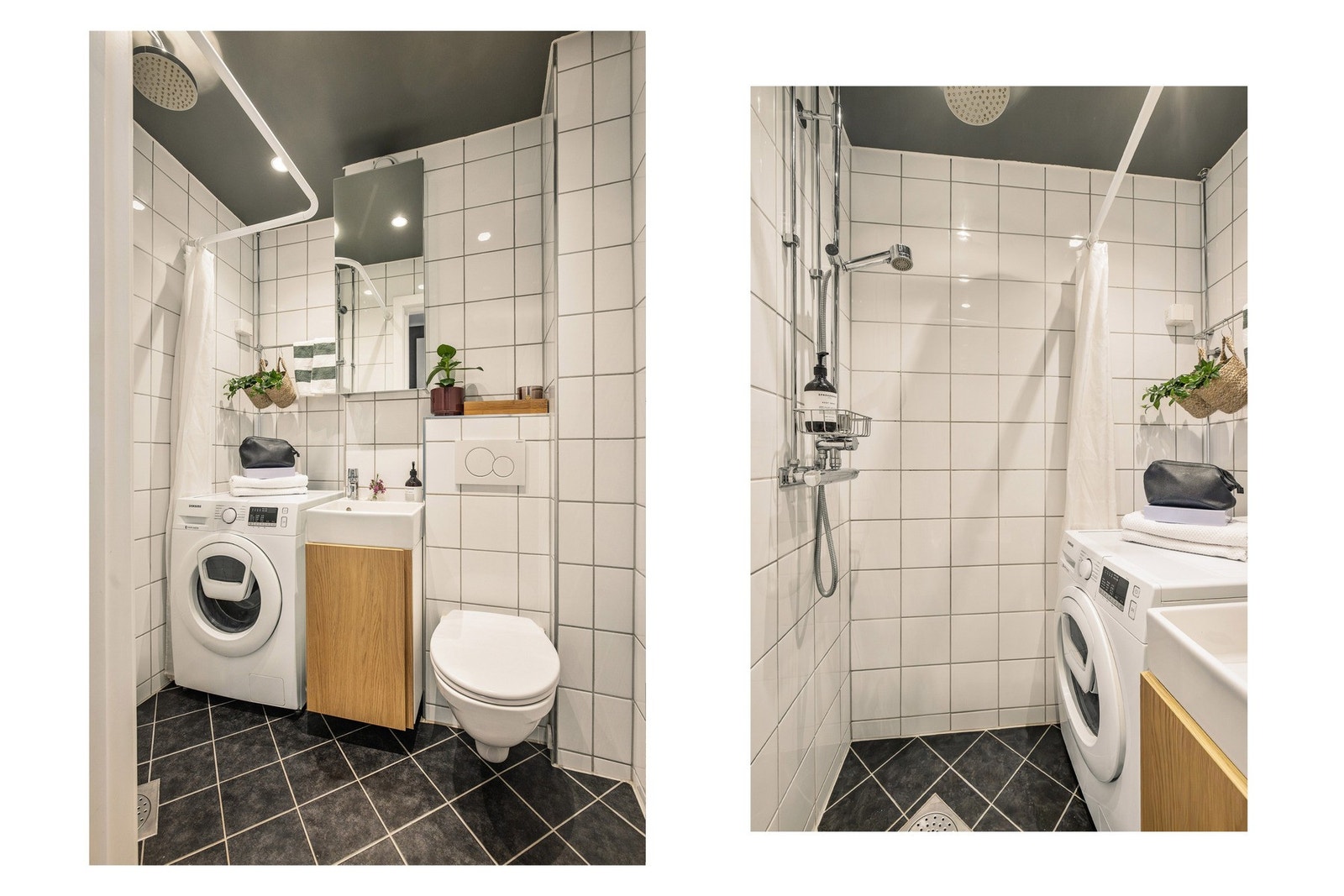 Badet har plass og opplegg til vaskemaskin. Det er også fellesvaskeri i kjeller. Galleribilde