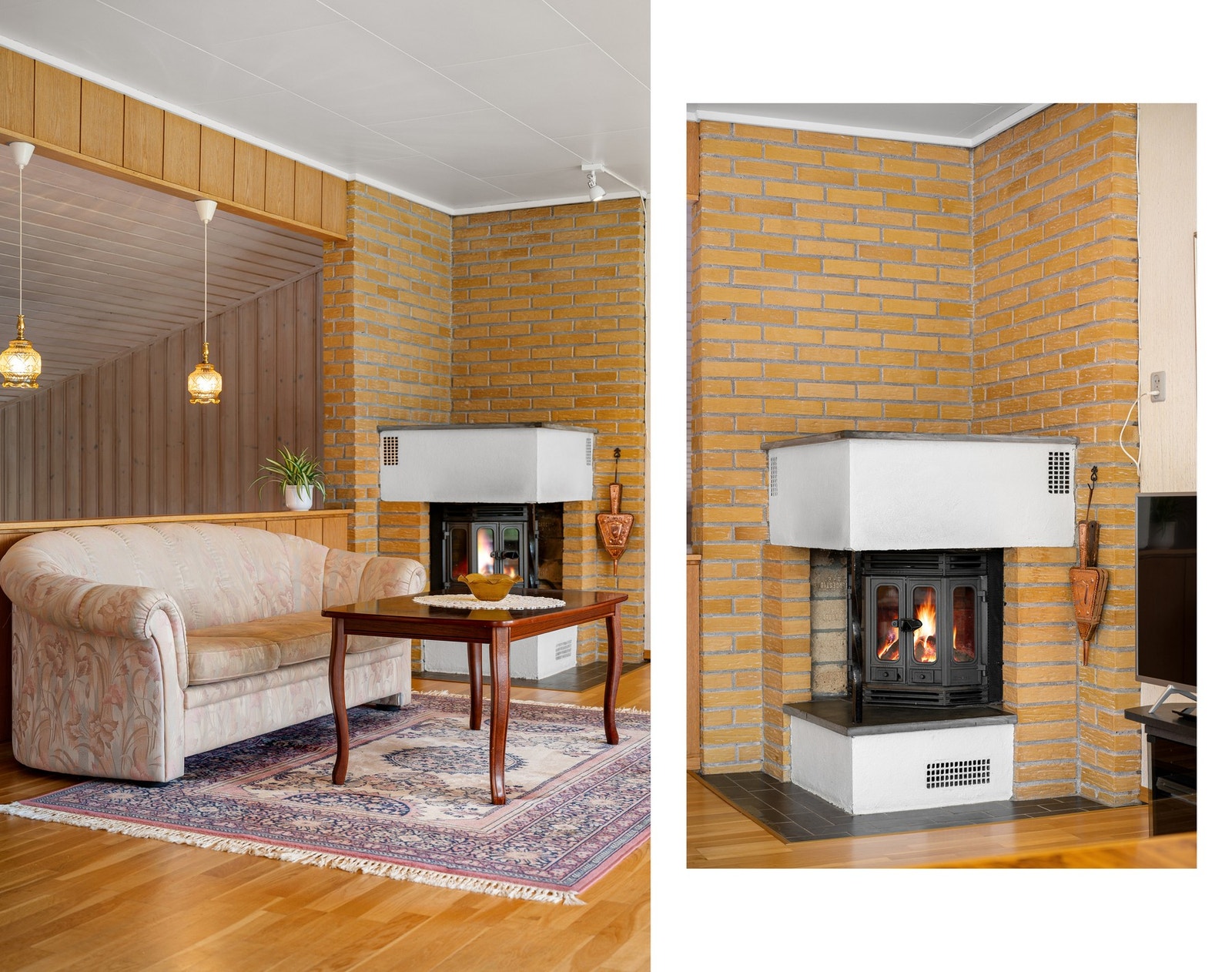 I stua er det en flott peis som varmer godt, og som skaper lun og koselig stemning Galleribilde