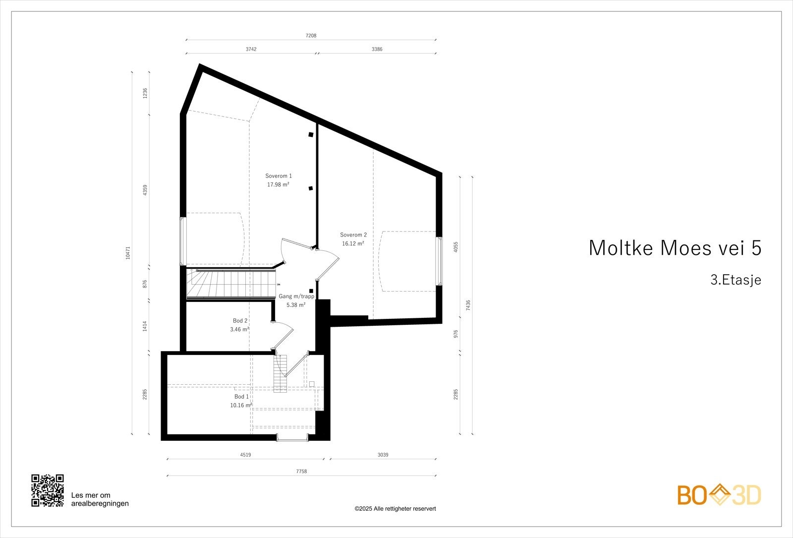 3.etasje har 55 kvm gulvareal fordelt på 2 store soverom, gang og råloft med boder (potensial jf utgått rammetillatelse fra 2016). Galleribilde