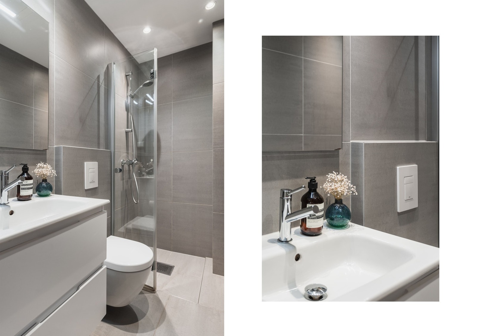 Badet er innredet med gulvvarme, delikate fliser og vegghengt toalett. Galleribilde