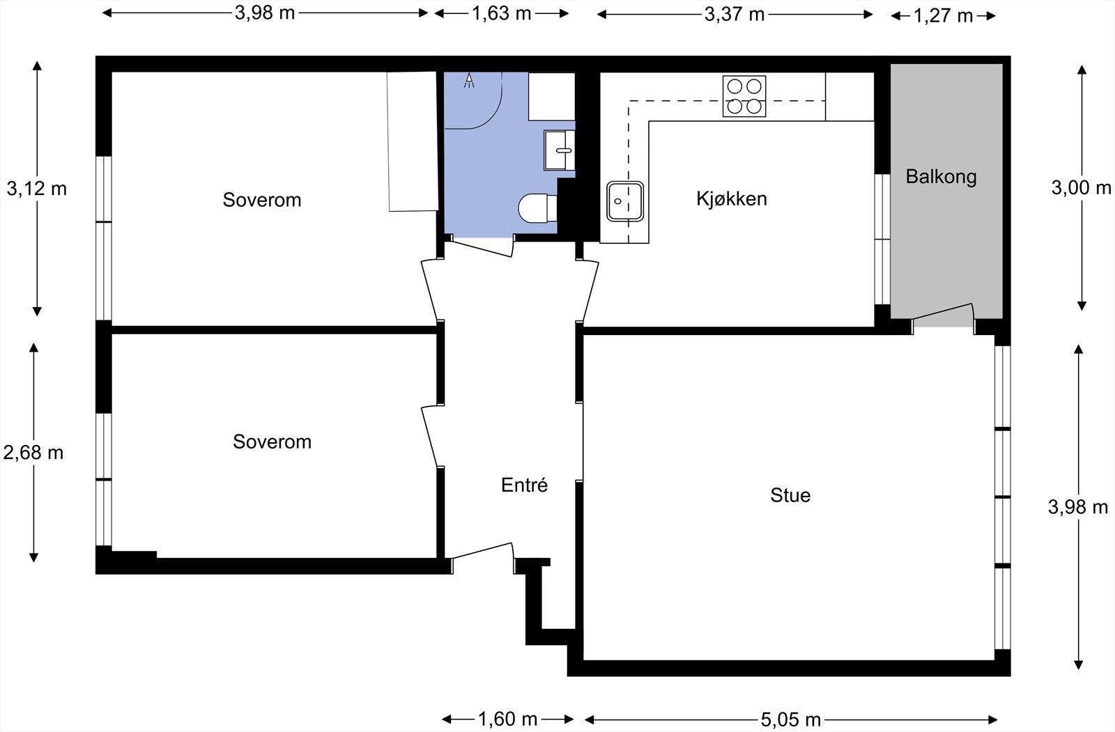 Gjennomtenkt og arealeffektiv planløsning med to gode soverom og balkong. Galleribilde