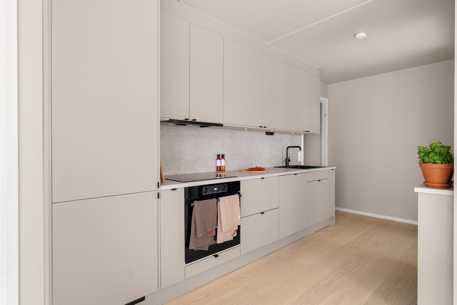 Stekeovn, platetopp, kjøl/frys og oppvaskmaskin er integrert i innredningen. Galleribilde