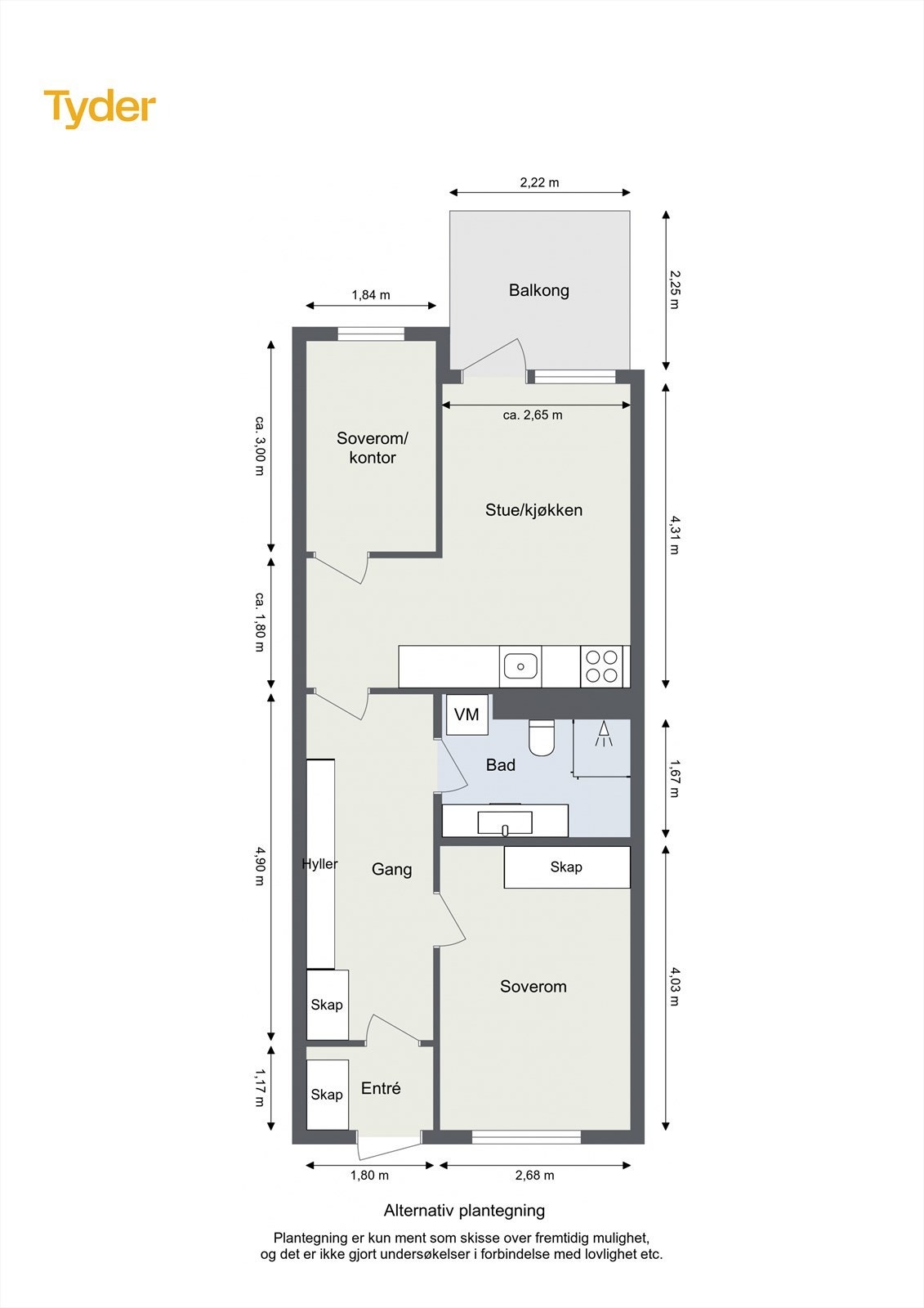 Alternativ plantegning med et ekstra soverom. Galleribilde