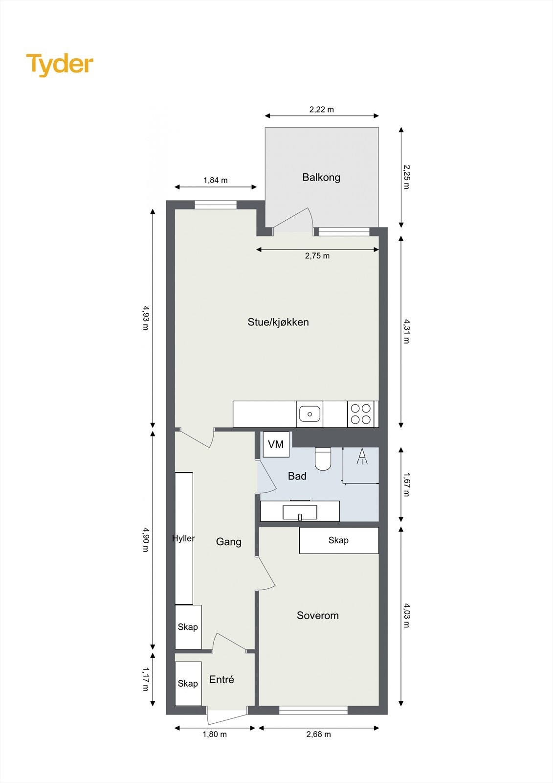 Hoffsveien 6A - Oppmålt plantegning for leiligheten. Galleribilde