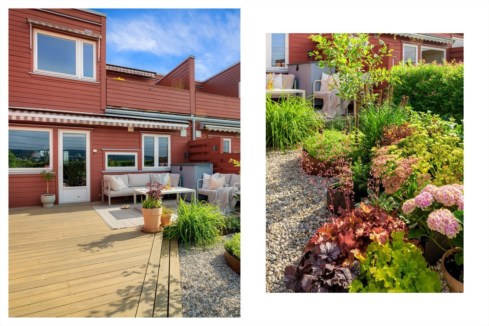 Den store plattingen på hele 26,5 kvm har plass til en stor loungegruppe, spisebord og solsenger. Det er også strømuttak og fin utebelysning her. Galleribilde