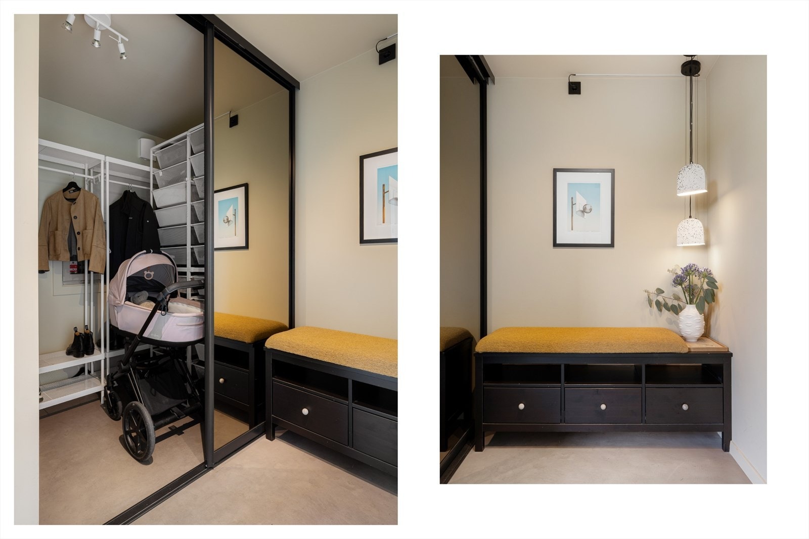 Deler av en tidligere uteboden innredet til en praktisk walk-in/garderobe med gode lagringsmuligheter for yttertøy og sko, og plass til barnevogn. Galleribilde