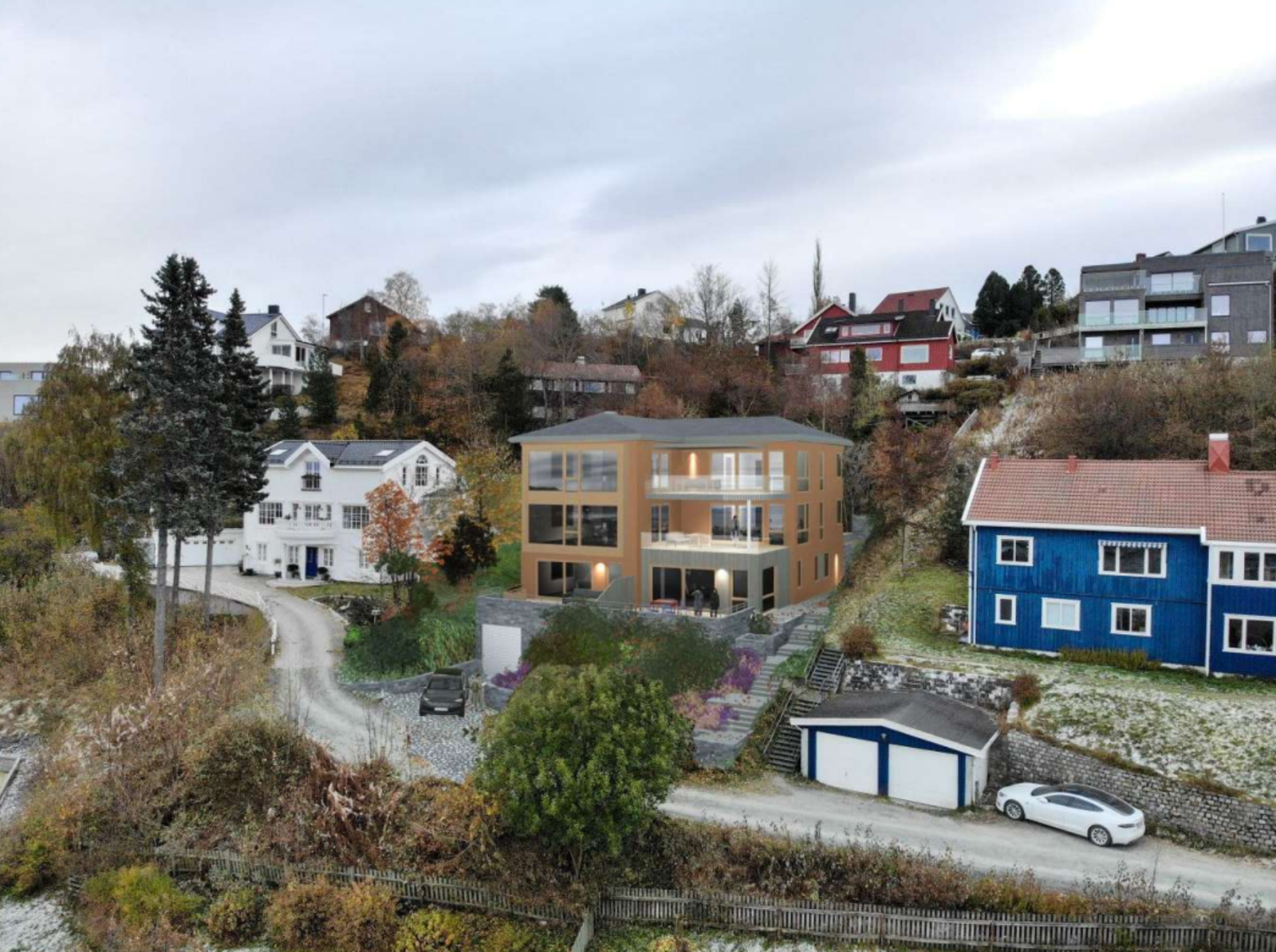 Illustrasjon på oppføring av byvilla med 4 boligenheter og garasjeanlegg. Galleribilde