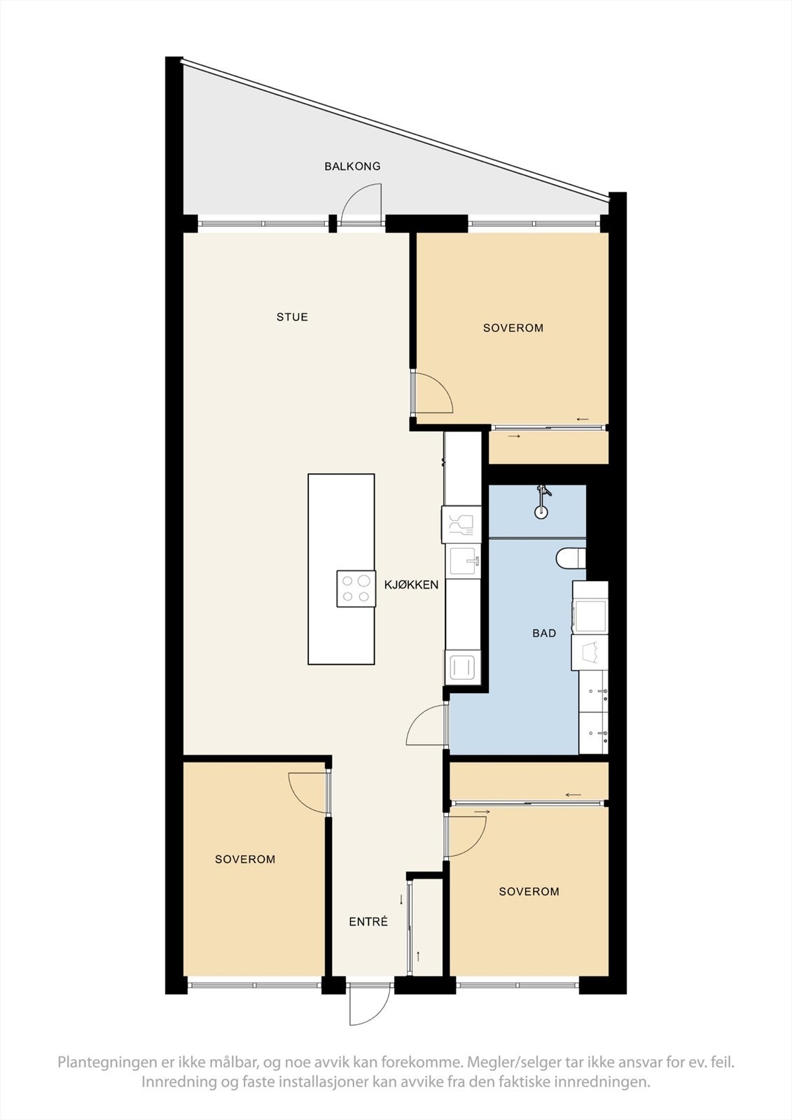 Leiligheten er i dag en 3-roms, men kan enkelt omgjøres til en 4-roms ved å sette opp en lettvegg der den nåværende spisestueløsningen er. Galleribilde