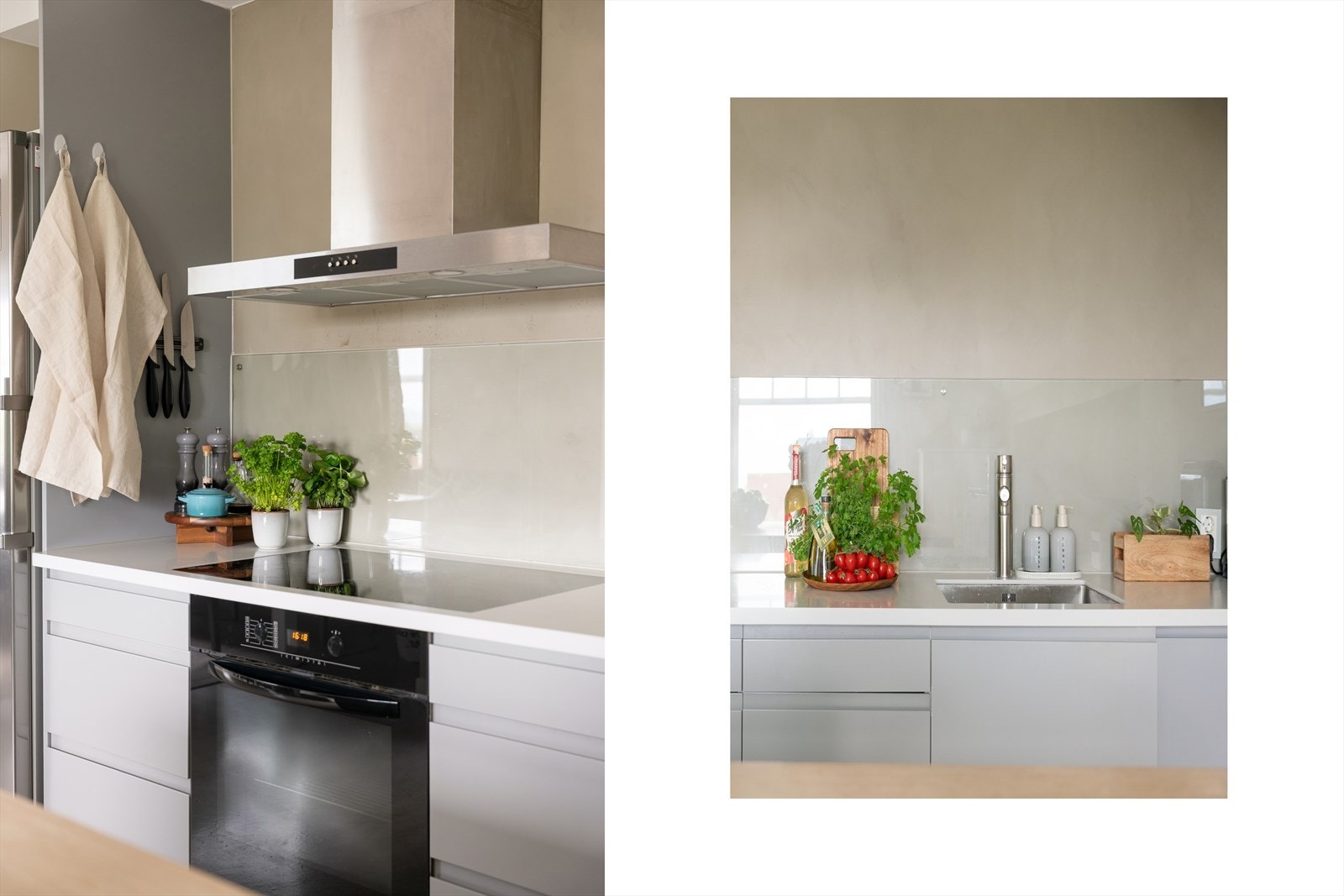 Kjøkkenet er utstyrt med integrerte hvitevarer som koketopp, stekeovn, oppvaskmaskin og frittstående kjøleskap. Galleribilde