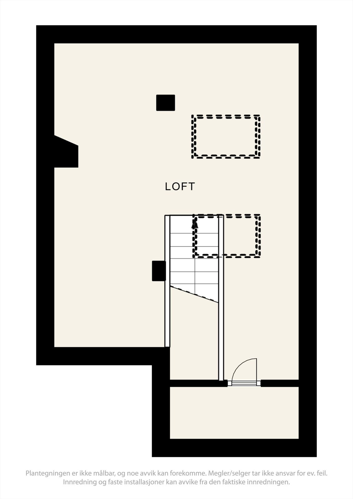 Plantegning loft. Loftsetasje ble målt opp til 22,07 m² med skråtak. Galleribilde