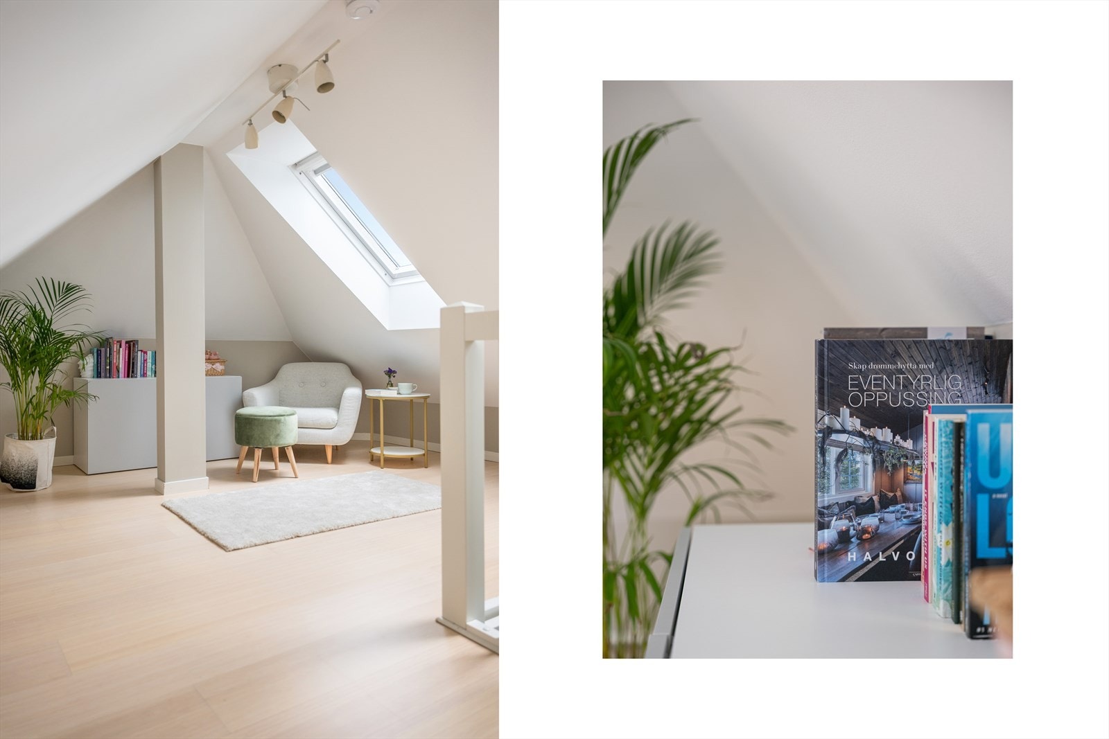 Fra spisestuen er det trapp opp til loftsetasjen, som fremstår tiltalende med store loftsvinduer og lysmalte overflater. Galleribilde