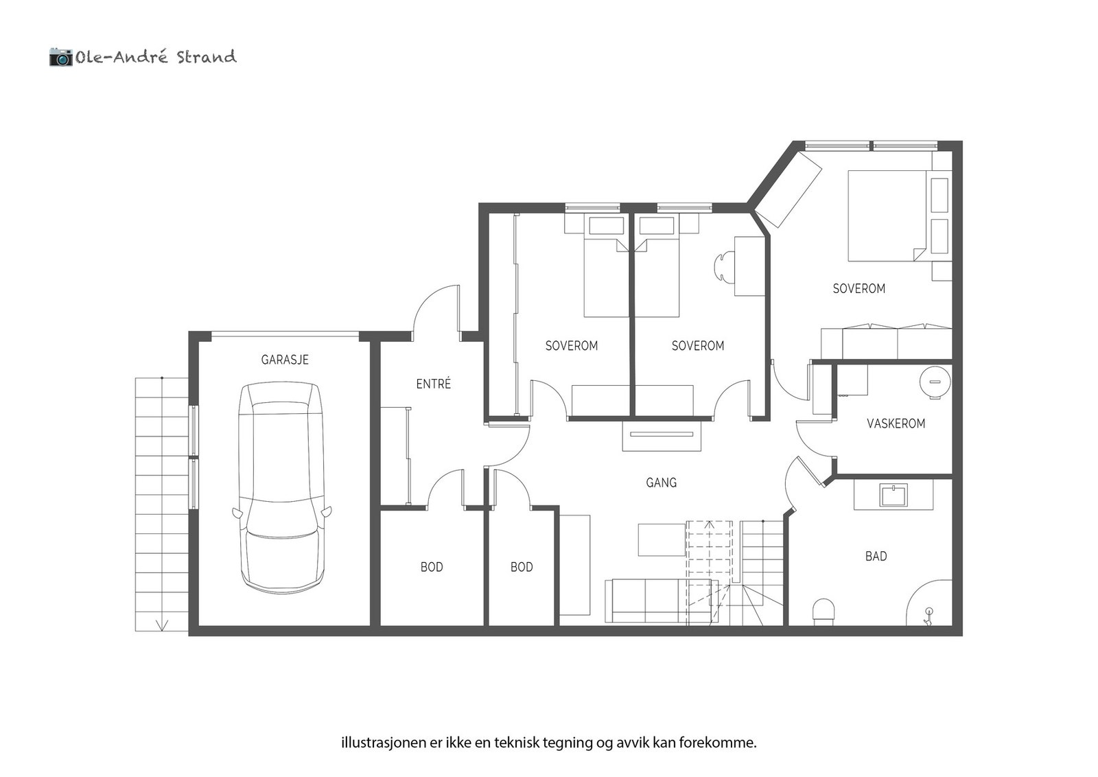 1. etasjen har et areal på 83 m² + garasje på 23.2 m² og utvendig bod på 3.9 m². Galleribilde