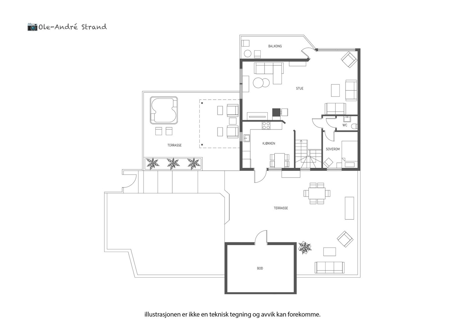 2. etasje har et areal på 73 m² + altan på 9.1 m² og terrasse på 105 m². Det er tilgang til koffertloft over deler av arealet i 2. etasje. Galleribilde