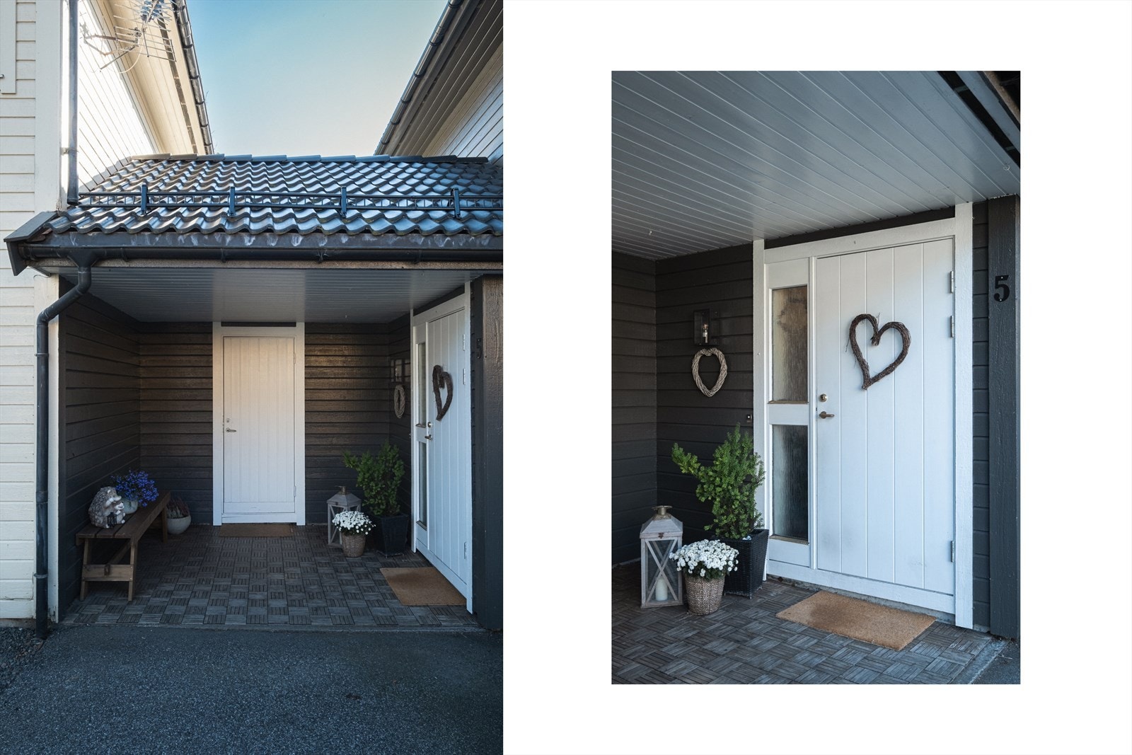 Koselig overbygget inngangsparti med inngang til både bolig og sportsbod Galleribilde