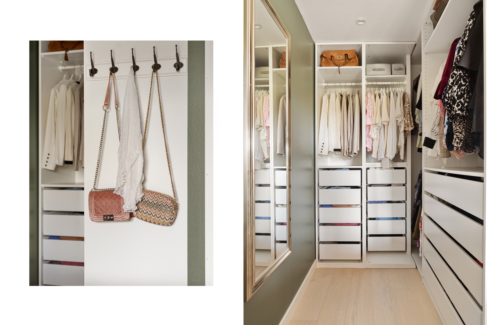 Klær oppbevares enkelt i plassbygd garderobeskap. Galleribilde