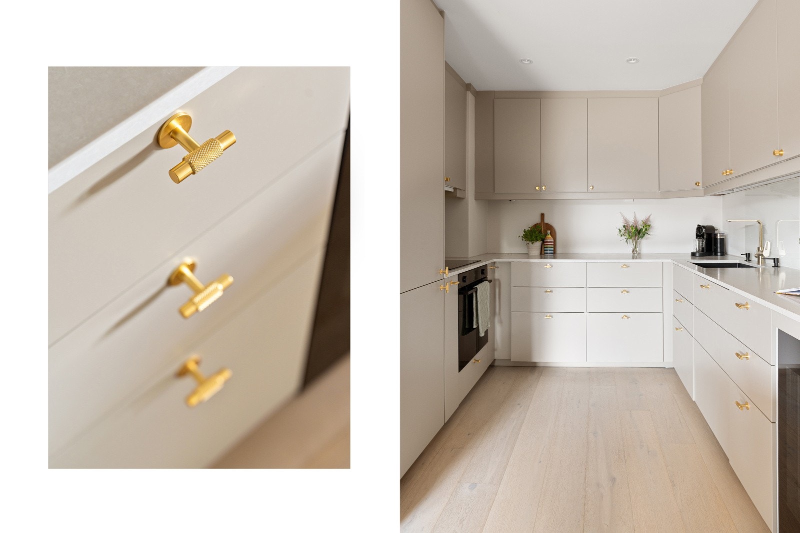 Innredningen er fra 2017, med nye, glatte, fabrikklakkerte fronter og benkeplate i stein fra 2024. Galleribilde