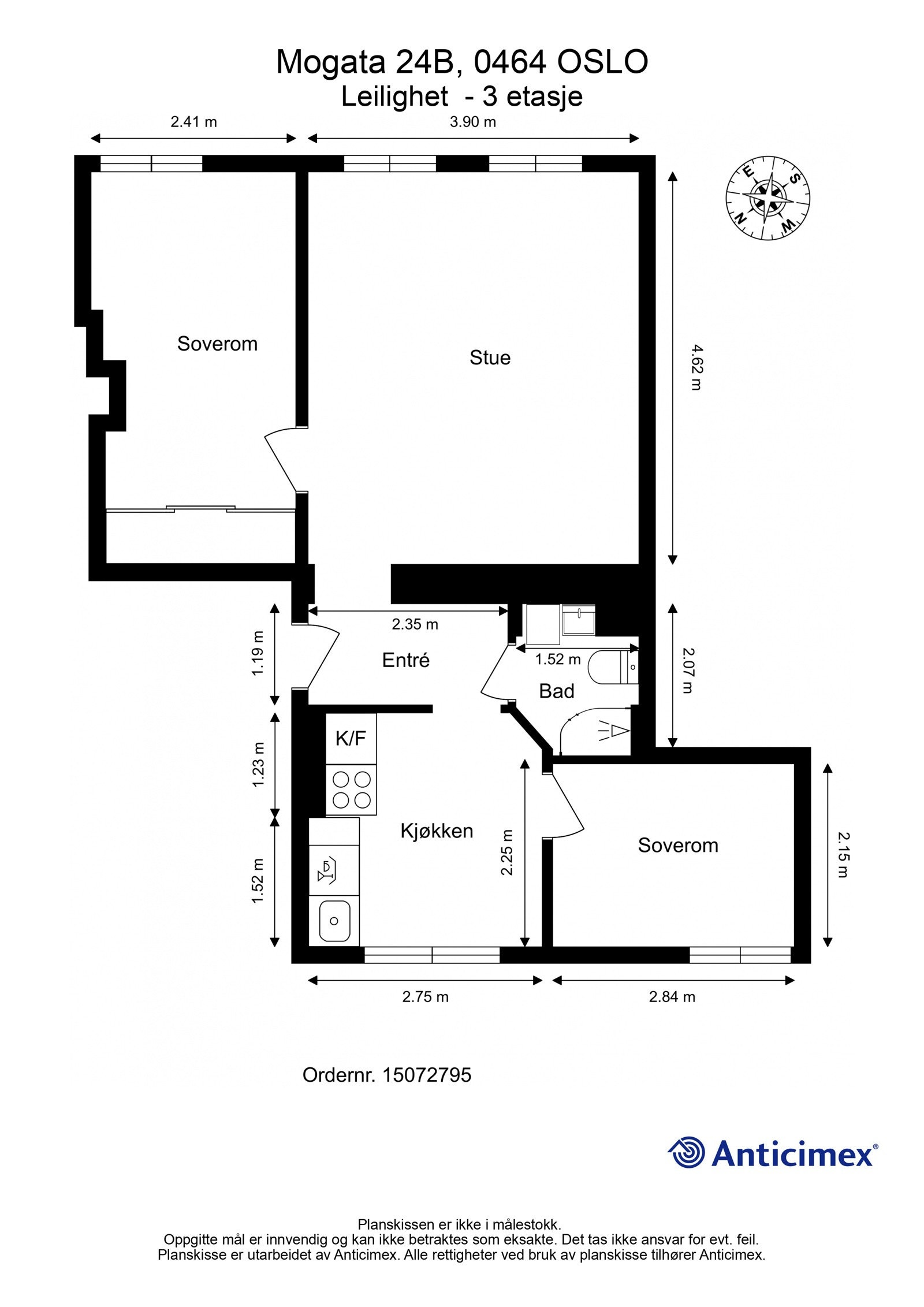 Plantegning 3. etasje. I tillegg disponerer leiligheten 2 boder, en kjellerbod på ca. 3m² og en loftsbod på ca. 4m² i gulvareal. Galleribilde