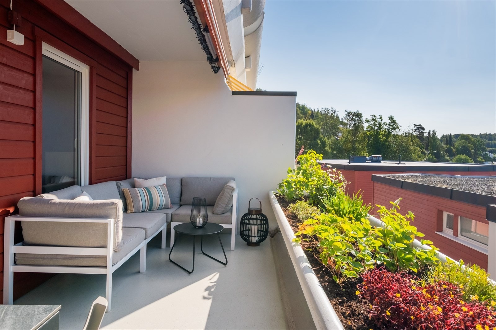 Romslig balkong på ca. 12 kvm med beplantning og gode solforhold fra morgen til kveld. Galleribilde