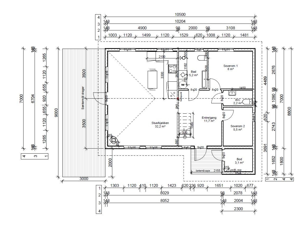 Plantegning 1 etg, Varmtvannsbereder er flyttet ut til boden Galleribilde