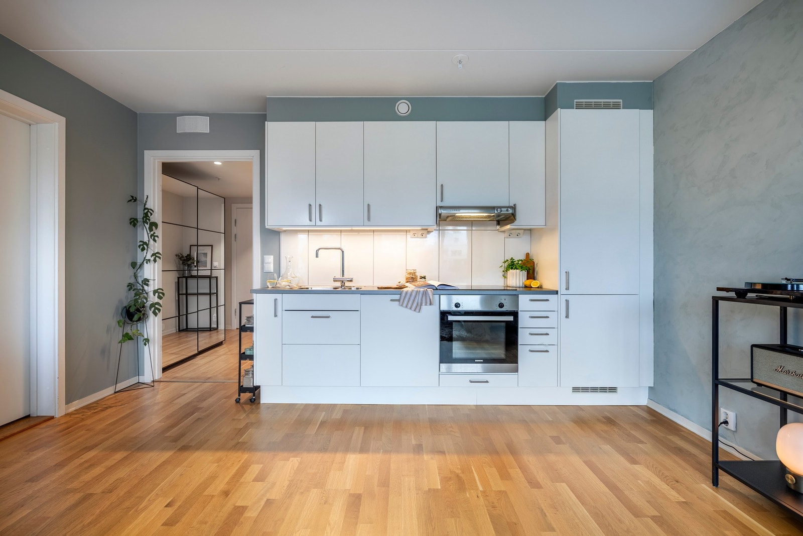 Kjøkkenet er utstyrt med integrerte hvitevarer som induksjonstopp, komfyr, oppvaskmaskin og kjøleskap med frysedel. Galleribilde