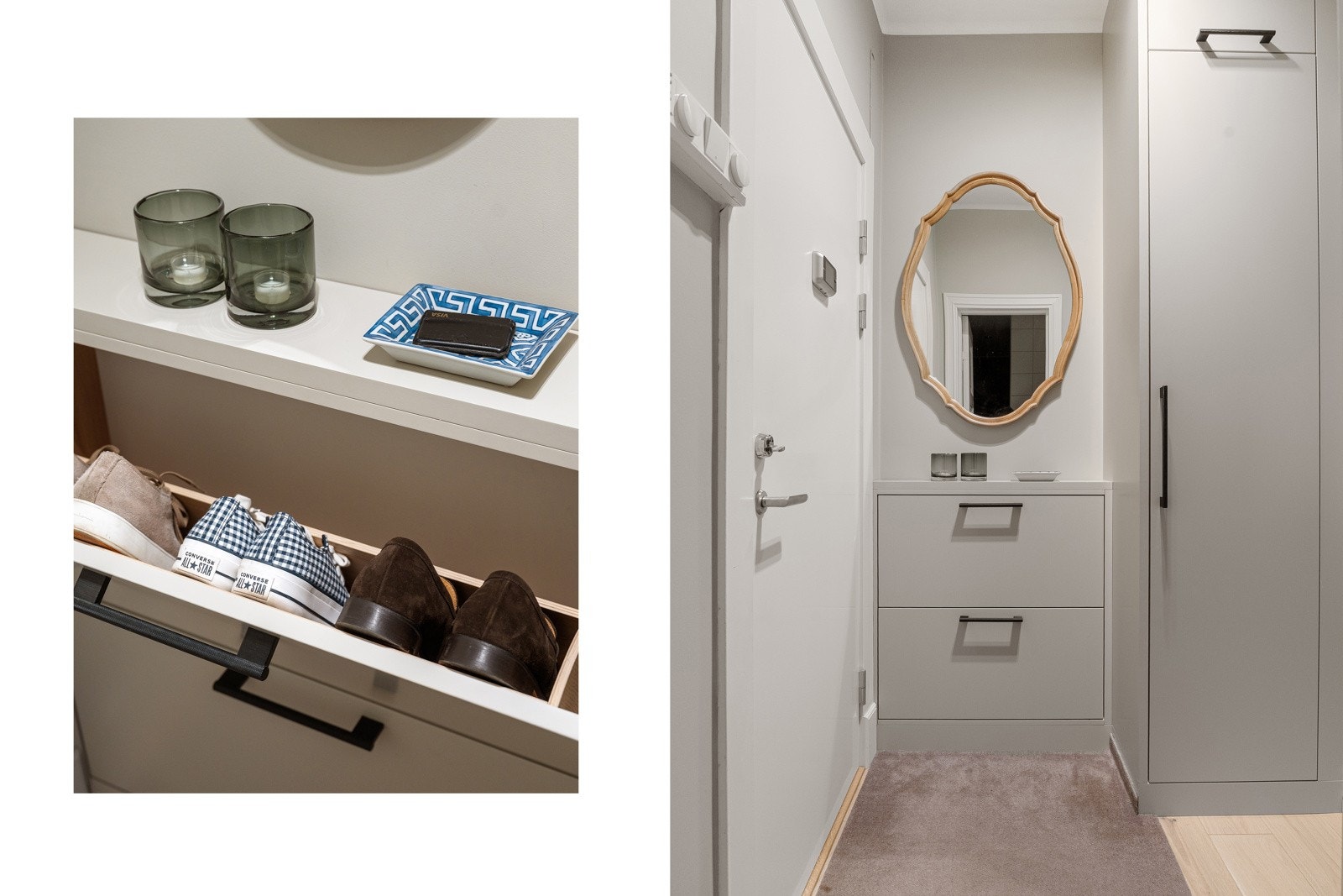 Innbydende entré med garderobeskap og skohylle til oppbevaring av yttertøy. Galleribilde