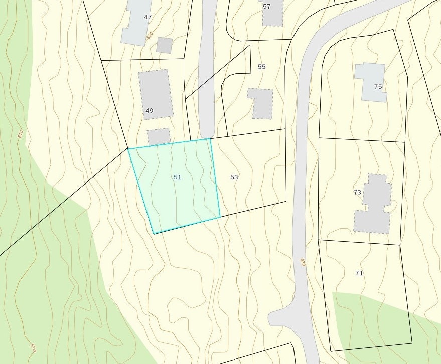 Utsnitt av ledig tomt 676. Tomten ligger i enden av veien og får dermed litt ekstra "luft rundt seg". Galleribilde