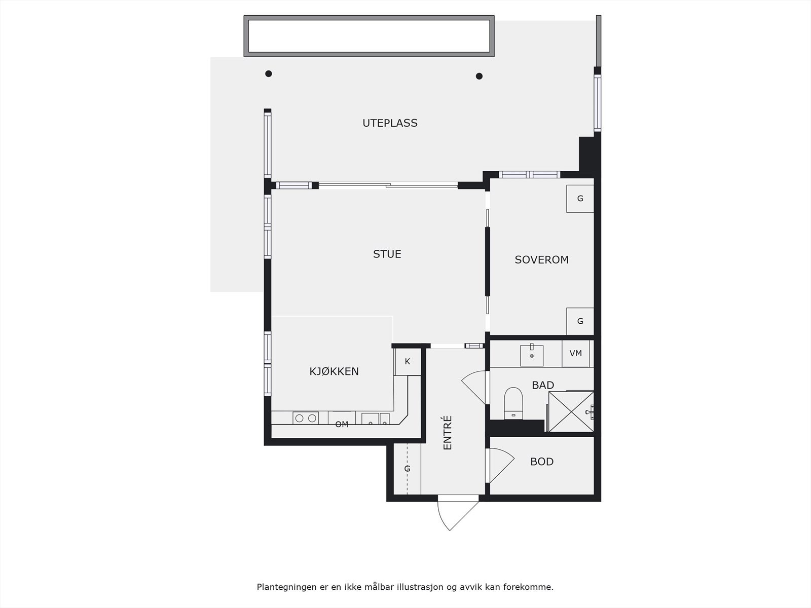 Plantegning 1. etasje. I tillegg disponerer leiligheten en ekstern bod på 5m² i 1. etasje, samt en garasjeplass med elbil-lader i felles garasjeanlegg i kjelleren. Heis i bygget. Galleribilde