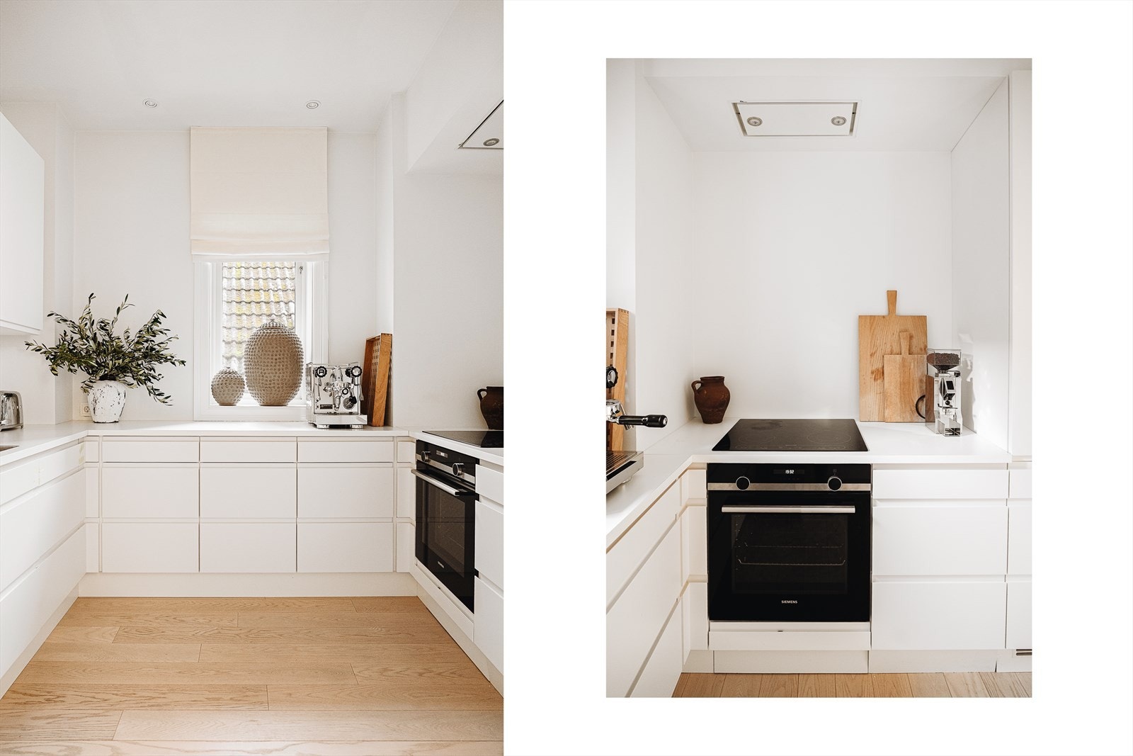 Elegant kjøkken med tidløst design, stor benkeplate og smarte løsninger som integrert gardintrapp. Speildører, heltre lister og porselensbrytere gir særpreg og helhet. Galleribilde