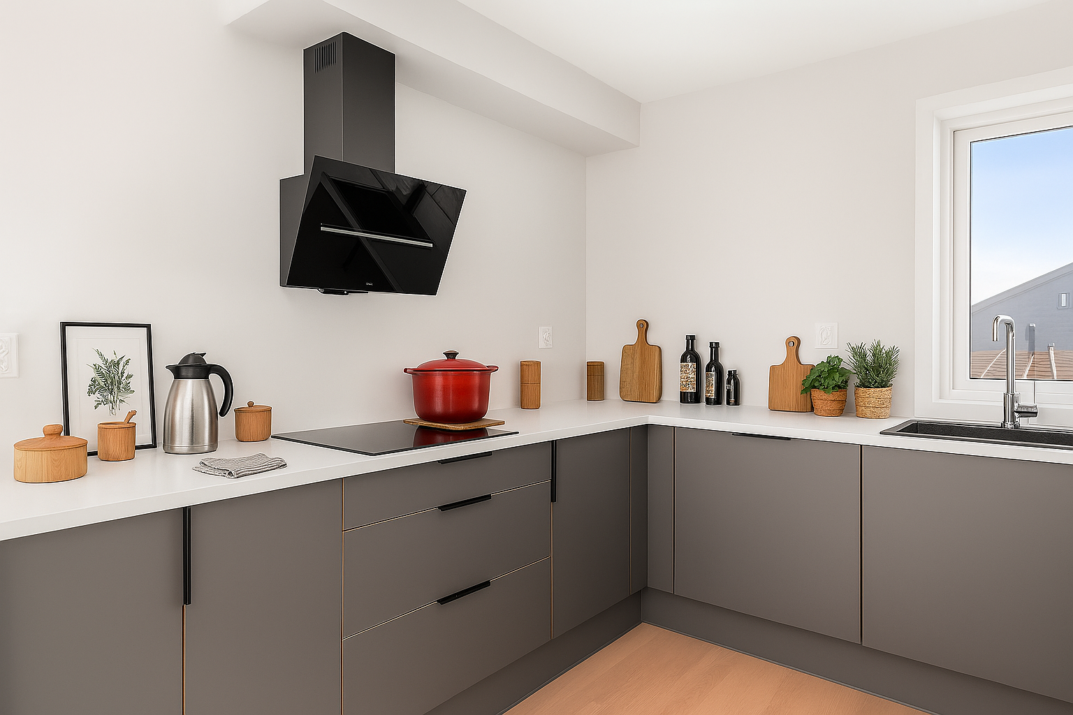 Moderne kjøkken fra JKE Design med integrerte hvitevarer. Bildet er digitalstylet. Galleribilde