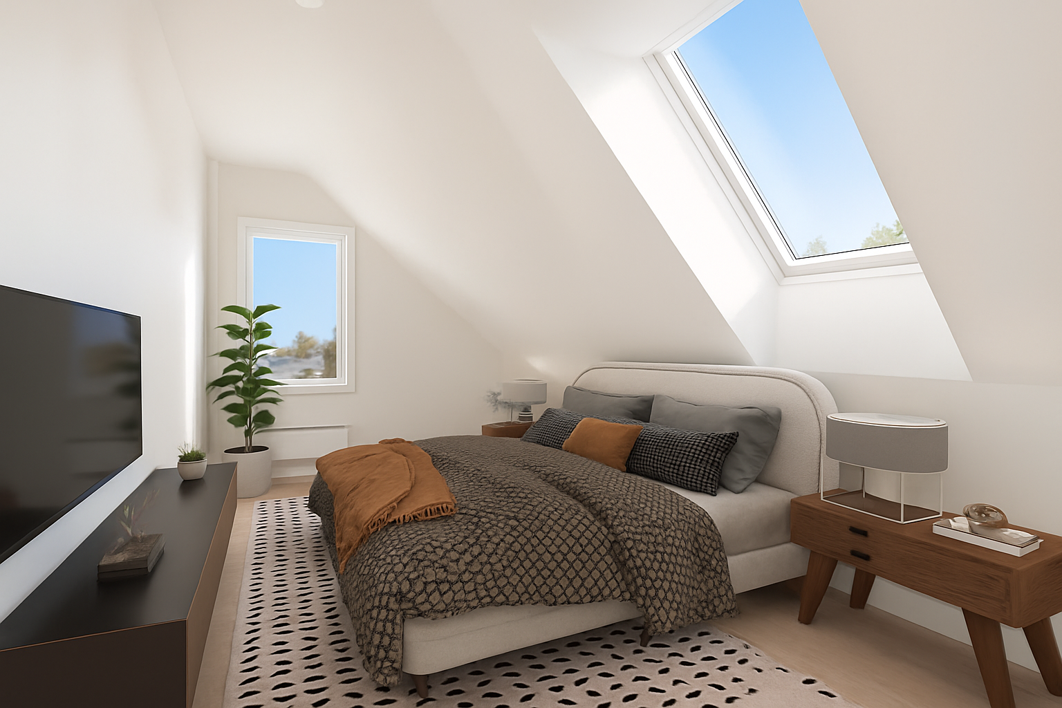 Romslig soverom med gode møbleringsmuligheter. Bildet er digitalstylet. Galleribilde