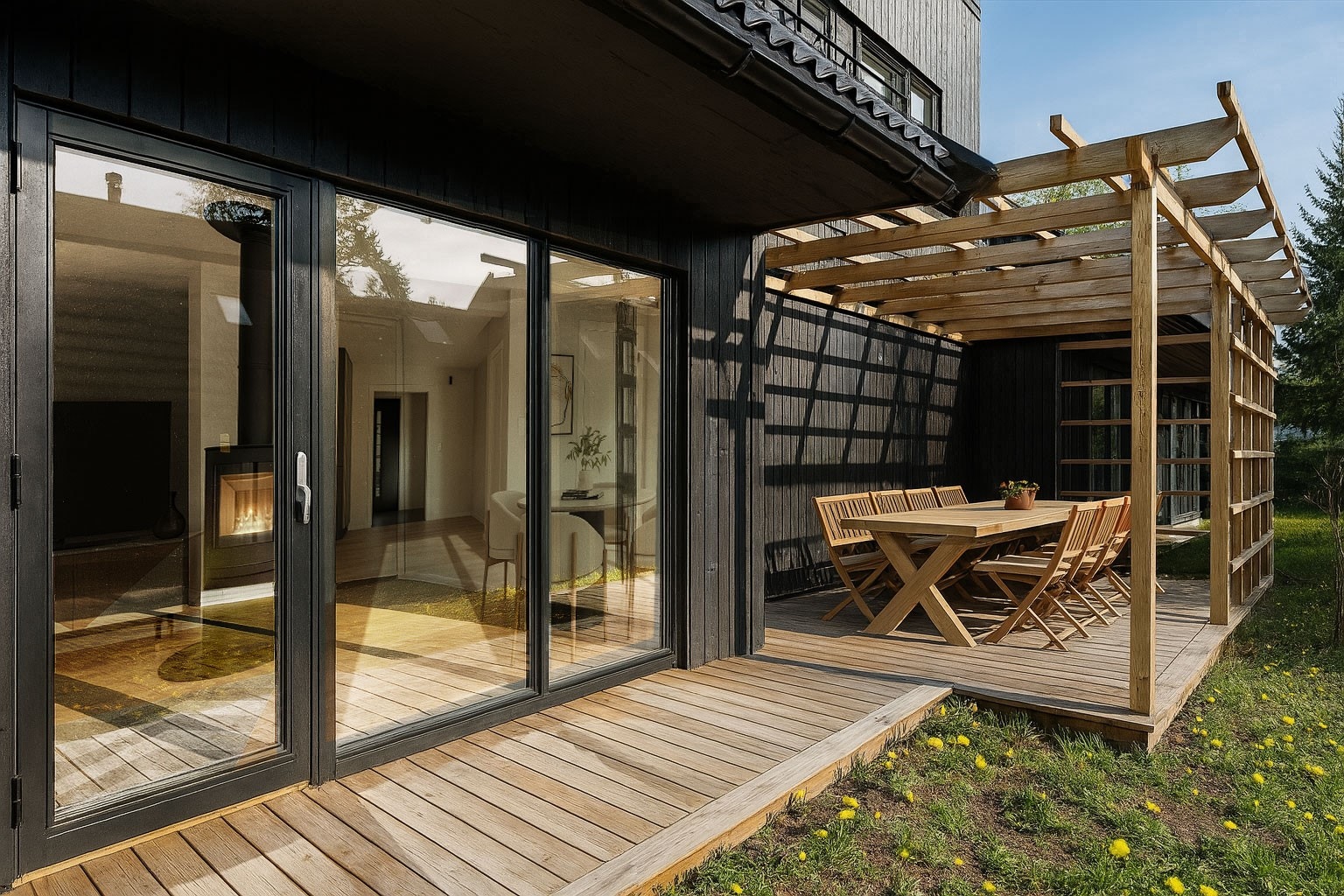 Skjermet terrasse med pergola - et naturlig uterom for sene sommerkvelder og sosiale sammenkomster. Bildet er digitalstylet. Galleribilde