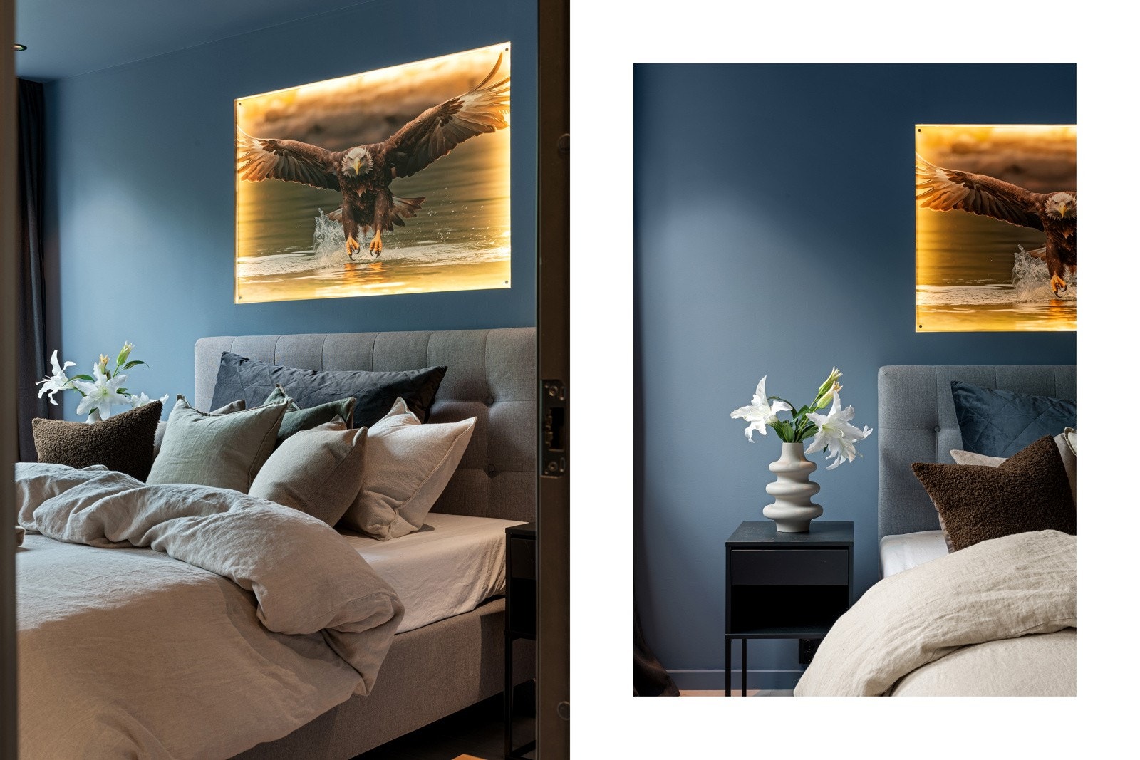 Veggen bak seng er innfelt med bilde med dimmbart lys. Dette gir rommet et eksklusivt preg og skiller seg ut fra mengden. Galleribilde