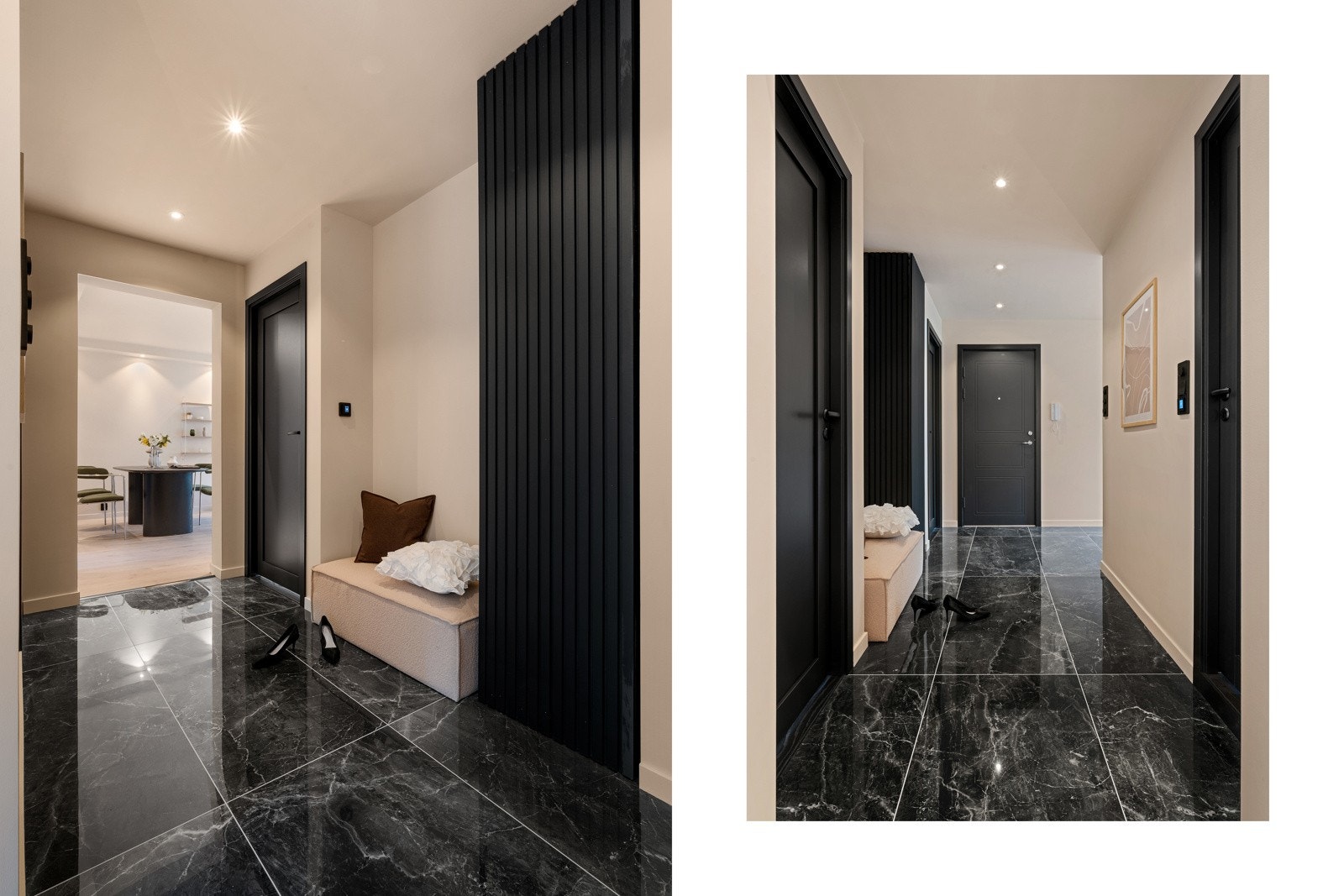 Det er nydelig fliser med varmekabler samt spotter i taket i gangen. Galleribilde