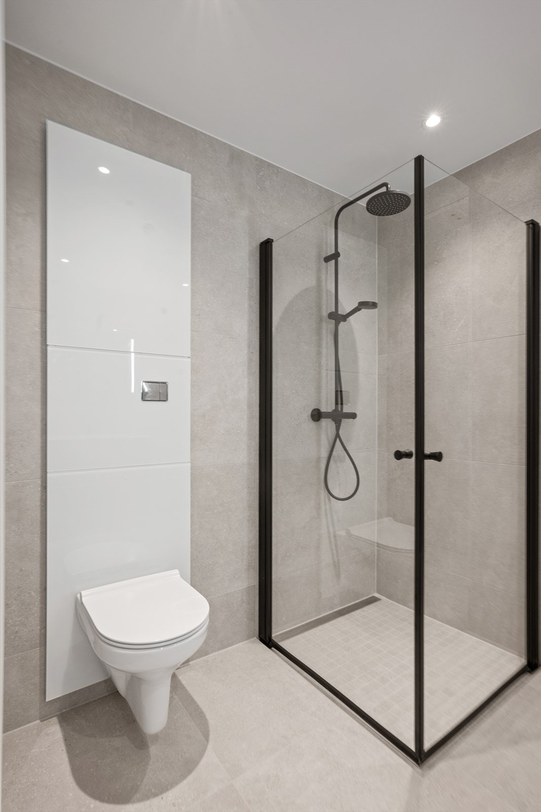 Moderne dusjnisje med glassvegger, og vegghengt toalett Galleribilde