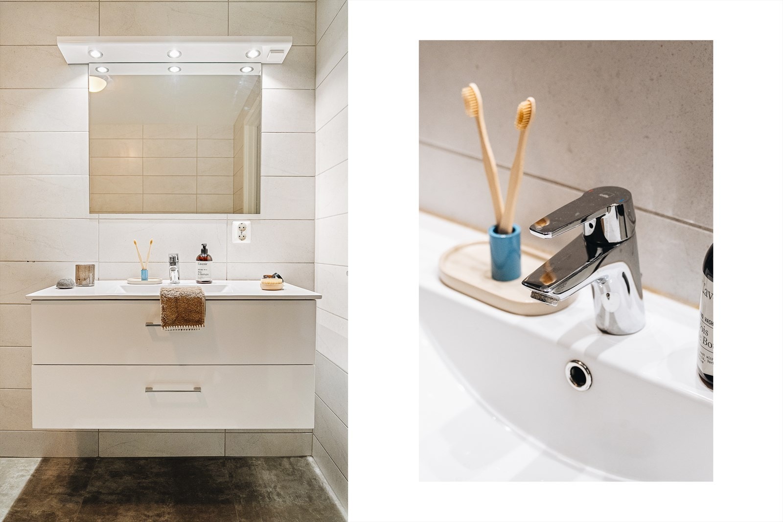 Badet inneholder vegghengt toalett, helstøpt servant med skuffer, dusjhjørne, og varmtvannsbereder. Galleribilde